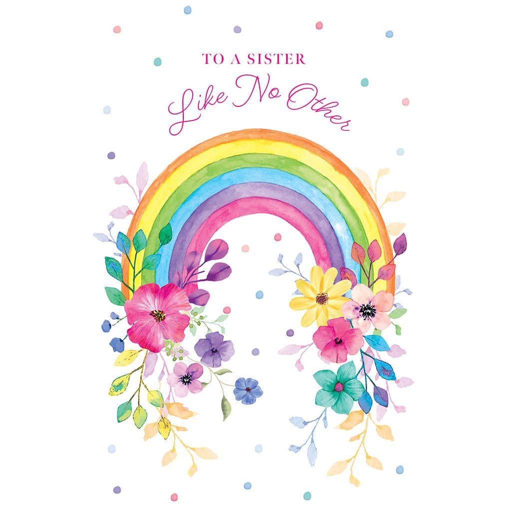 Colorful rainbow flowers birthday card for sister by Pictura, featuring vibrant floral illustrations on a cheerful greeting card.